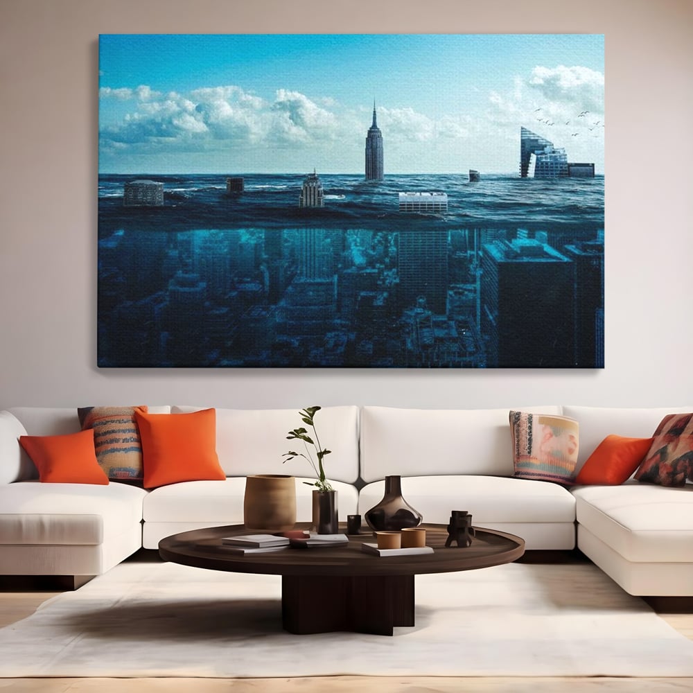 Tablou canvas cu ilustratie digitala cu oras scufundat in ocean, fara rama, pe sasiu de lemn, pe perete intr-un living